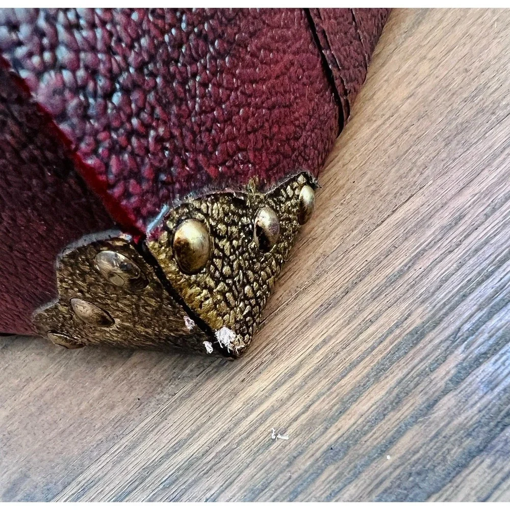 Vintage 90s Burgundy Faux Leather Decorative Trunk Storage Chest Brass Accents